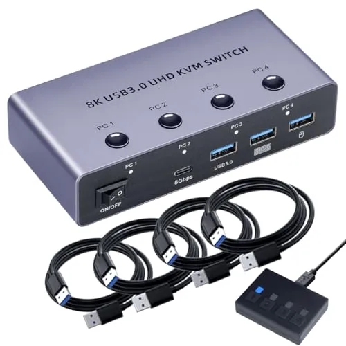 ELEVIEW KVMスイッチ 4台 HDMI 4ポート 4K120Hz/8K60Hz対応 キーボード/マウス/モニターを共有 アルミ製 ドライバーレス サーバー管理/作業効率化 PC切替器 手元切替ボタン EHD-810N