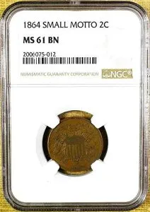 1864年 スモールモットー NGC MS61 BN 2セント硬貨 - キーデート