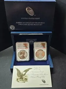 2012-S アメリカン シルバー イーグル 2枚組プルーフコインセット NGC PF69 & PF70、ボックス、COA 限定