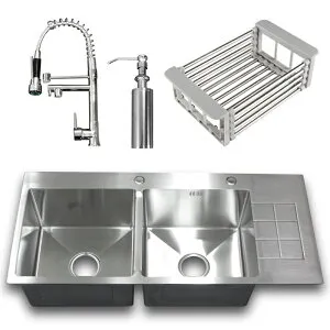 100x45x24cmステンレス二槽キッチン手板金シンク流し台自由栓排水水切り籠ソープ Ambest WS3A44 排水付き 水切り籠 システムキッチン 水回り 新築 改築 建て替え リフォーム システムキッチン用