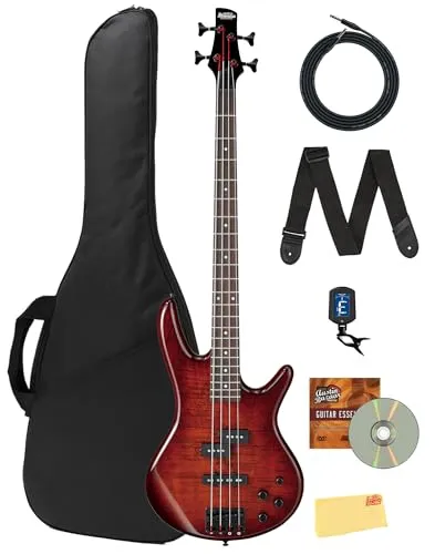 Ibanez GSR200SM SR GIO エレクトリックベース - チャコールブラウンバーストバンドル、ギグバッグ、チューナー、ストラップ、ケーブル、Austin Bazaarの解説DVD、ポリッシュクロス付き