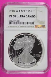 2007 W PF 68 シルバー アメリカンイーグル ディープカメオ 本物プルーフコイン NGC スラブ 1049