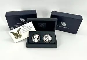 2012 S シルバー アメリカン イーグル リバース プルーフ 2 コイン セット サンフランシスコ 箱と COA 付き
