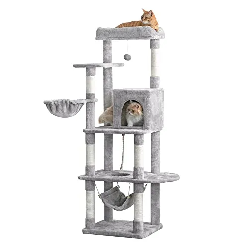 Mwpo キャットタワー 据え置き スリム 中型 大型猫 小型 ミニ ハンモック付 かわいい 爪とぎ おもちゃ ねこ 猫 ネコ 多頭飼い 麻紐 子猫 シニア 省スペース 158cm ライトグレー B808B