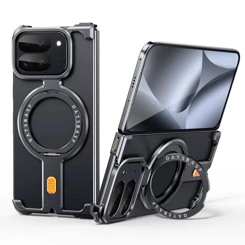 Google Pixel 10 Pro Fold用ミニマリストπケース、スリムで洗練されたアルミニウム製フレームレス、落下保護機能付き、衝撃吸収性に 頑丈なカバー、360°回転式キックスタンド付き, Black