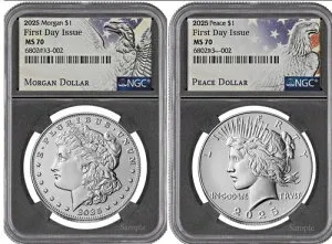プレセール 2025 モルガン＆ピース シルバー ダラー $1 NGC MS70 - 初日発行 FDI %%
