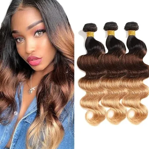 Hailookmey オンブレ 3トーン ブラウンとハニーブロンドカラー 人毛束 ボディウェーブバンドル ブラジリアン未処理バージン人毛 クイックウィーブエクステンション (3束 16 18 20 インチ 300g T1B/4/27 色)
