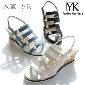 レディース 3E サンダル 本革 靴Yukiko Kimijima ユキコキミジマ サンダル 3253 ブルーグレー ホワイト ブラック革 サンダル 幅広 6.5cm ヒール 厚底 ウェッジ 歩きやすい レザー シューズチュール パ