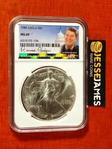 1986年 1ドル アメリカン シルバー イーグル NGC MS69 ロナルド レーガン大統領シリーズ ラベル