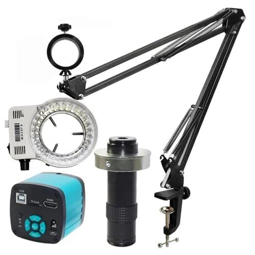 ラボ用顕微鏡アクセサリー 4K 1080P 60FPS 48MP 3-130倍 HDMI USB 産業用顕微鏡セット カメラ Cマウントレンズ 50cm デスククランプスタンド はんだ付け用(4-130X Full Set)