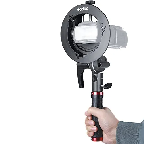 Godox S2 Sタイプスピードライトブラケット ボーエンズマウント 1/4ネジホルダーハンドル付き、Godox AD200Pro、AD200、AD400Pro、V1、V860II、TT685II TT600フラッシュ用、調整可能なスピードライトハンドル