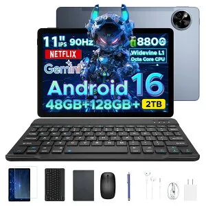 【数量限定7000円OFF・6点部品付属】POCKAM P11 タブレット Android16 11インチ大画面 Gemini AI対応 8コアCPU 48GB RAM+128GB ROM+最大2TB拡張 FHD+ 90Hz高リフレッシュレート 8800mAh大容量 Widevine L1 Netflix対応 顔認