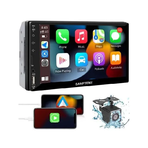 Double Din Car Stereo with 7 Inch Touchscreen, Radio Audio Receiver, Compatible with Wired Apple CarPlay ＆ Android Auto, Mirror Link Support_並行輸入