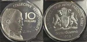 ガイアナ・プルーフ 1976-FM $10 Ten Dollars Col.責任 KM# 44a PCGS PR67DCAM