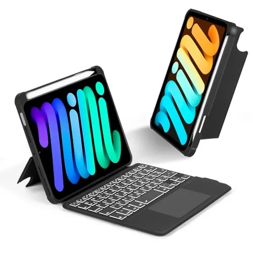 EAMPANG日本語配列Apple iPad mini 7 (A17 Pro) 6 8.3インチ 2021キーボード付きケース, 7色バックライト磁気取り外し可能USB-C充電 タッチパッド付きマジックキーボード140°調整可能なスタンドペンホルダーカバー