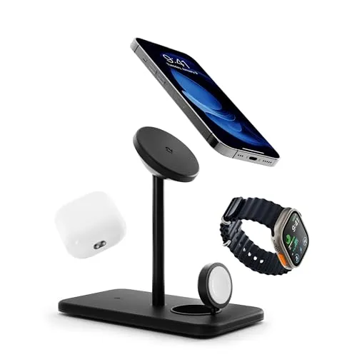 Twelve South HiRise 3 Deluxe | iPhone、AirPods、Apple Watch専用、コンパクト、ラグジュアリーなMagSafe搭載3-IN-1ワイヤレス充電スタンド - 専用電源アダプタ、電源コード（1.5m）、国際規格