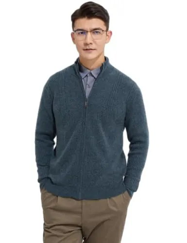 [Aecsoc] カシミヤ 100％ 畦編み ジップアップ カーディガン メンズ 無地 長袖 ニットプルオーバー 秋冬服 MQ24007(ブルー,M)
