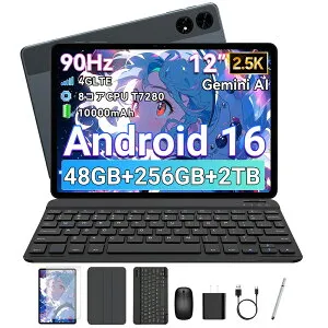 【クーポンで24,900円】 Android16 タブレット 12インチ 10000mAh simフリー タブレットPC Wi-Fiモデル Netflix Widevine L1対応 急速充電 48GB+256GB+2TB拡張 2.5K IPS 大画面 2400×1600解像度 8コアCPU 画面分割 4G LTE 16