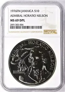 ジャマイカ 1976-FM $10 アドミラル ホレイショ ネルソン KM-71 NGC MS-69 DPL - トップ ポップ オブ 1!