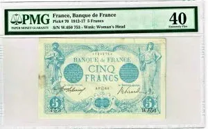 フランス銀行 5 フラン 1912-17 ピック 70 PMG 極細 40。
