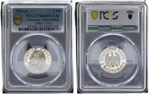 2 ライヒスマルク マルティン ルター 1933 A PCGS PR64DCAM ポリッシュ プレート 90964