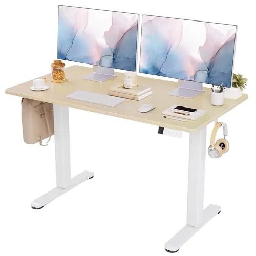 Claiks 昇降デスク 電動 一枚板 スタンディングデスク 昇降式 テーブル 幅118cm*奥行き60cm テレワーク オフィスデスク 在宅ワーク パソコンデスク 高さ調節 メモリー機能 静音 人間工学 昇降テーブル ホワイトフレーム/ナチュラル天板
