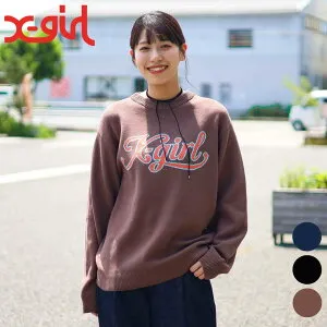 【4/24 20:00～4/27 9:59までP10倍】X-girl エックスガール レタリング ロゴ ジャガード ニット トップ LETTERING LOGO JACQUARD KNIT TOP レディース 秋冬 綿 BLACK BROWN NAVY ONE SIZE 2025年 コットンニット ストリー