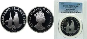 フォークランド諸島 1987年 50ペンス シルバー 925 PCGS PR70 トップポップ