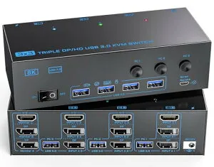 ANXQQ 3モニターコンピュータ KVMスイッチ、8K@60Hz 4K@144Hz HDMI + Displayport 切替器、コピー/拡張