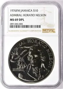 ジャマイカ 1976-FM $10 アドミラル ホレーショ ネルソン KM-71 NGC MS-69 DPL - 1 点中トップ POP!