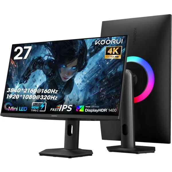 KOORUI ゲーミング液晶ディスプレイ(27型/Fast IPS/4K UHD 3840×2160/320Hz/1ms/HDR1400/HDMI2.1/DP1.4/USB Type-C/VESA)(ブラック) 2741LM 返品種別A