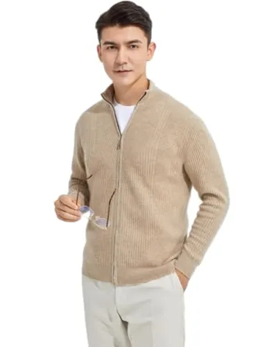 [Aecsoc] カシミヤ 100％ 畦編み ジップアップ カーディガン メンズ 無地 長袖 ニットプルオーバー 秋冬服 MQ24007(キャメル,XL)