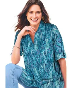 ウーマン ウィズイン レディース トップス シャツ ボタンダウン ダウン Woman Within Women's Within Pintucked Button Down Gauze Shirt Paradise blue watercolor palm ブルー