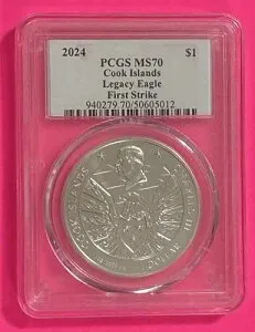 2024年 1ドル クック諸島 シルバー レガシー イーグル PCGS MS70 - ファーストストライク 1オンス .9999 ファイン