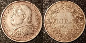 イタリア - バチカン - ピエ・イクス - 1リラ銀貨 1868 An Xxiii Ttb / 非常に良好！ Km