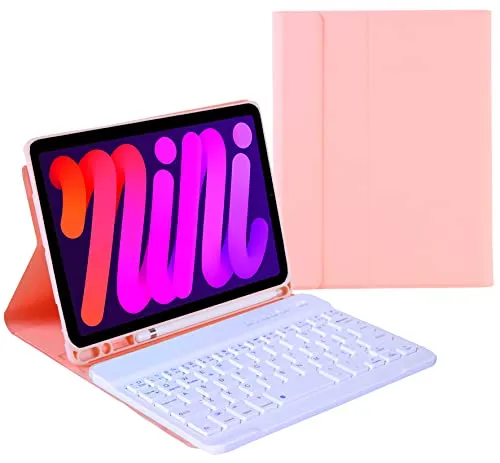 Lrufodya iPad キーボードケース iPad Mini 6(8.3インチ)(2021年発売第6世代)用 取り外し可能なキーボードとペンホルダー付き スリムスマートオートスリープ/ウェイクカバーケース(ピンク)