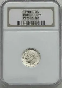 1963 年ルーズベルト ダイム、プルーフ 10C NGC、PF 69 カメオ、PR69CAM。