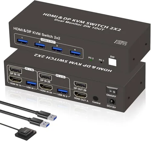 【デュアルモニター 同時出力】HDMI Displayport KVM 切替器 2PC 入力 4K 60Hz USB3.0 4口 KVM スイッチャ キーボード マウス 共有 複数入力装置 切替 多ディスプレイ 同時表示 職場 テレワーク対