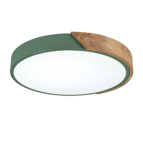 丸型マカロン型LEDシーリングライト、モダンな木製ランプ、子供部屋、リビング、寝室、廊下用埋め込み型照明、グリーン+クールホワイト-60cm 48W