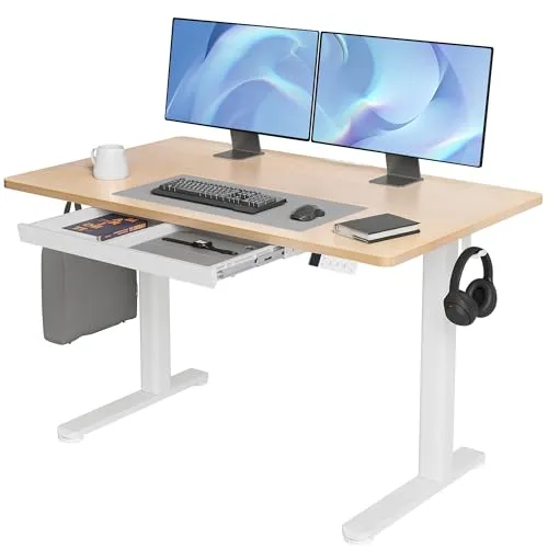 Claiks 昇降デスク 幅120cm 引き出し付き デスク 高さメモリー機能付き 電動 スタンディングデスク 昇降式 テーブル 低作動音 幅120x奥行60x高さ72-118cm 机 テレワーク 作業机 在宅ワーク ホワイトフレーム/ナチュラル天板