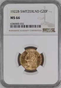 スイス、金貨 20 フラン 1922 B - NGC MS 66、RARE3