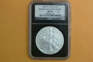 2008 W 光沢のあるシルバー イーグル NGC MS70 年間ドル UNC セット ラベル