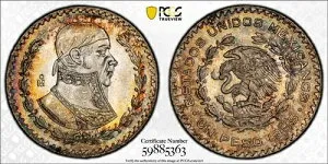 MS66 1965-Mo メキシコ シルバー 1ペソ、PCGS Trueview、美しいレインボートーン
