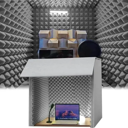 防音個室ブース 防音ボックス 80x80x80cm 卓上パーテーション 防音ブース 1人用簡易防音室、自宅 オフィス 防音 吸音 吸音材 防音室 防音壁・防音シート天板付き LEDライト付き、マイク防音 録音 卓上吸音ボックス、騒音低減(Color:灰)