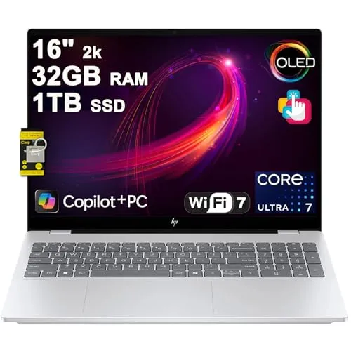 HP OmniBook 7 AI ノートパソコン 16インチ 2k (2048x1280) OLED Touch (HDR 500nits, 100% DCI-P3) Intel 16-core Ultra 7 255H 32GB RAM 1TB SSD
