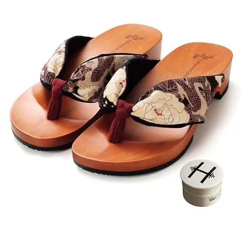 [mizutori] げたのみずとり 洋服にも合うモダン下駄 水鳥工業 NT-43 牡丹龍 ／ 黒・フレッシュシルキーワイン げた物語 (オリジナルかかと保湿クリーム付き) (日本の靴のサイズ寸法, 大人, アルファベット, SS)