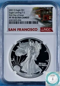 2021 S 1オンス シルバーイーグル NGC PF 70 UC T-2 初日発行 トロリーラベル