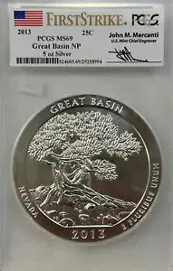 2013 グレート ベイスン ATB 5 オンス シルバー クーター 25c PCGS MS 69 ファースト ストライク-メルカンティ サイン