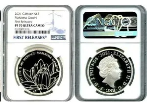 2021 2PD イギリス 1オンス シルバー プルーフ NGC PF70 マハトマ・ガンジー FR