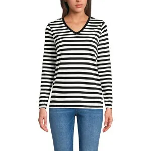 ランズエンド レディース トップス Tシャツ Vネック コットン Women's Lands' End Relaxed-Fit Supima Long Sleeve Cotton V-Neck Tee Black Even Stripe ブラック